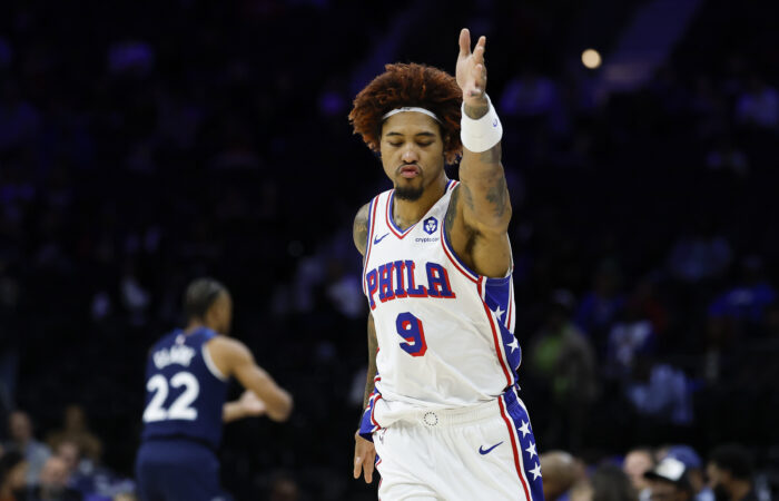 Sixers forward Kelly Oubre Jr., points against the Minnesota Timberwolves during a preseason game on Friday, Oct. 17, 2025 in Philadelphia.