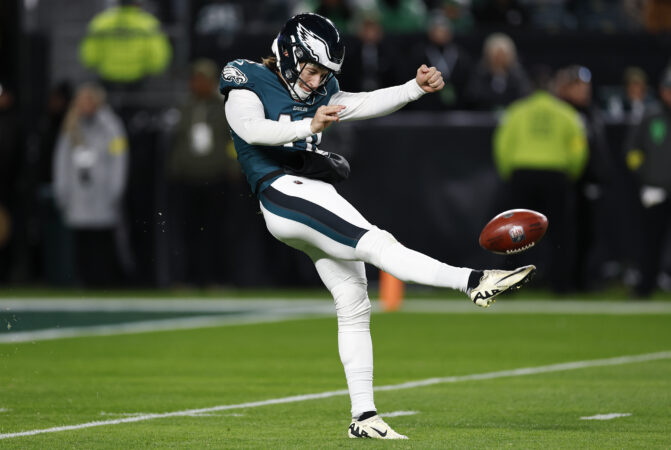 The Eagles' Braden Mann is tied for third in the NFL with 69 punts.