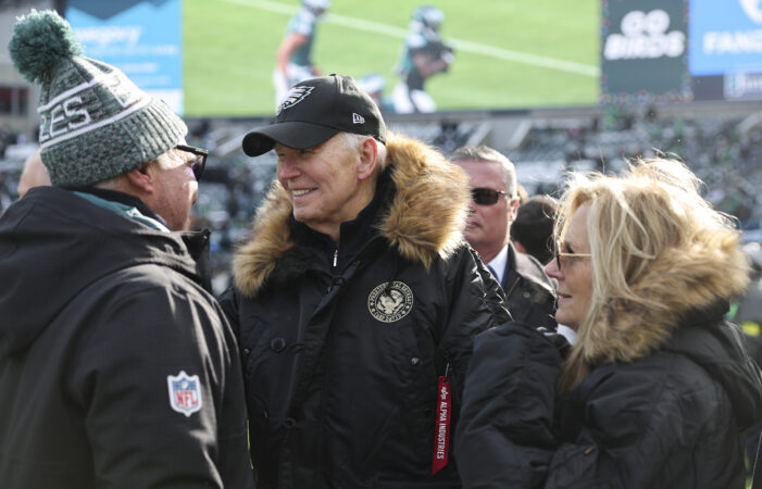 ‘Gotta win the Super Bowl again’: Former President Joe Biden at the Linc to see the Eagles take on the Raiders