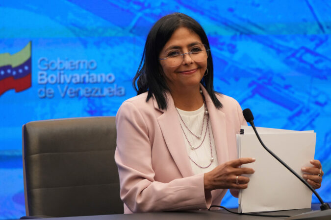 Venezuelan acting leader Delcy Rodríguez during a news conference at the Miraflores presidential palace in Caracas in 2024.