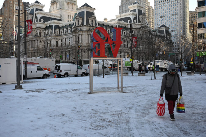 An early morning snow squall left a dusting in LOVE Park before the start of the Mummers Parade near City Hall Thursday, Jan. 1, 2026. This year marks the 125th anniversary of Philly’s iconic New Year’s Day celebration.