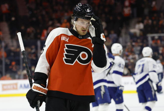 Flyers defenseman Travis Sanheim reacts after the Tampa Bay Lightning scored their seventh goal in Saturday's 7-2 loss.