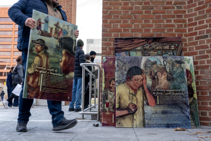 Workers remove the displays at the President’s House site in Independence National Historical Park Thursday, Jan. 22, 2026.  More than a dozen displays about slavery were flagged for the Trump administration’s review, with the House coming under particular scrutiny.