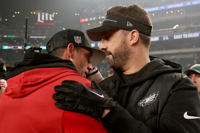 49ers coach Kyle Shanahan (left) and Eagles coach Nick Sirianni are revered in the NFL for different reasons.