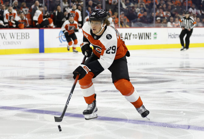 Flyers right wing Nikita Grebenkin was one player who looked to provide energy on Monday.