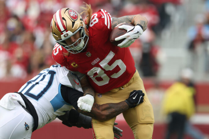 George Kittle (85) will need to help lift a 49ers team that struggled offensively in their Week 18 loss to the Seahawks.