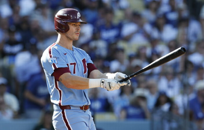 Phillies Max Kepler at bat against the Los Angeles Dodgers during Game 4 of the NLDS on Oct. 9, 2025 in Los Angeles.
