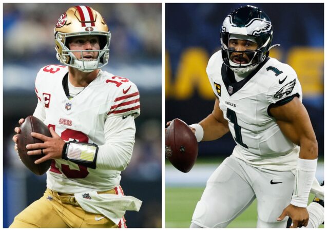 Brock Purdy (left) and the San Francisco 49ers will visit Jalen Hurts and the Eagles for a wild-card playoff game on Sunday.
