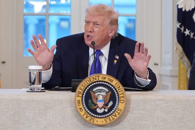 President Donald Trump speaks during a meeting with oil executives in the East Room of the White House on Friday.