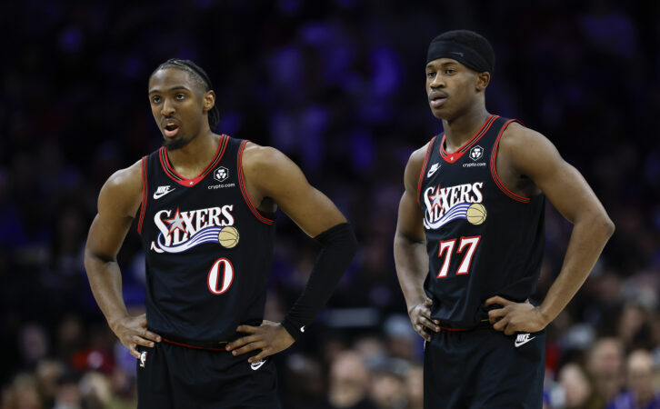 Sixers guard Tyrese Maxey, left, will make his first NBA All-Star Game start, while teammate VJ Edgecombe, right, will take part in the Rising Stars game.