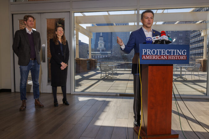U.S. Rep. Brendan Boyle announces legislation called the Protecting American History Act at the Visitor Center at Independence Historical National Park, Friday, Feb. 27, 2026.