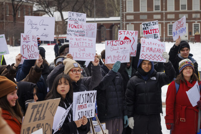 Students and teachers lead a protest of the Trump administration’s removal of the President’s House slavery exhibits
