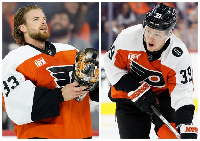 Flyers goaltender Sam Ersson (left), and forward Matvei Michkov.