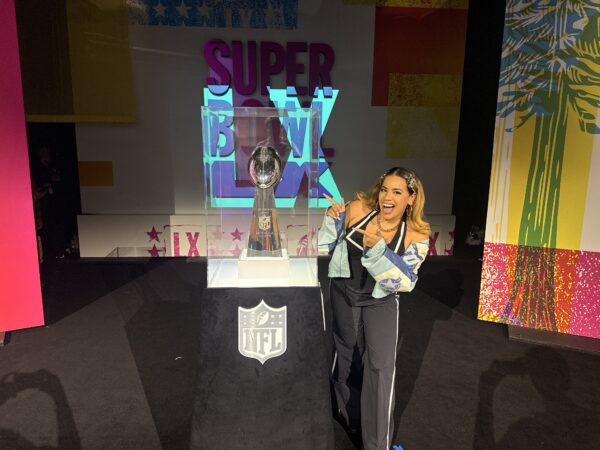 Northeast Philadelphia's Delilah Dee poses with the Superbowl LX trophy at Moscone Center at San Francisco's Moscone Center, on Feb. 7 2026