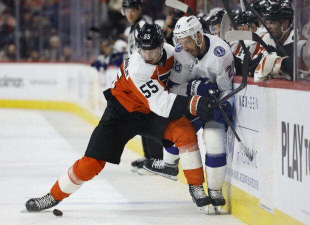 Defenseman Rasmus Ristolainen checking Tampa Bay's Zemgus Girgensons on Jan. 10. He adds a physical presence to the Flyers.