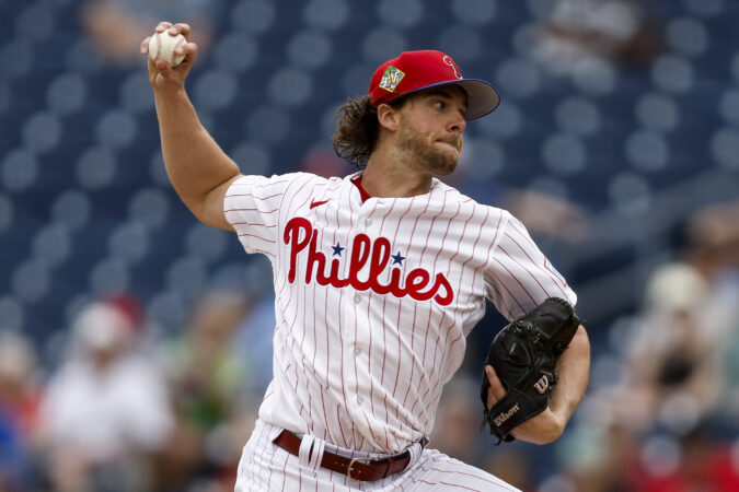 Aaron Nola allowed two hits and one run, striking out two in two innings against the Marlins on Friday.