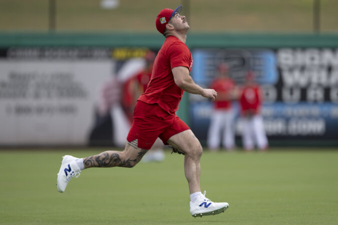 Otto Kemp takes fly balls in the outfield during a workout on Thursday in Clearwater, Fla.