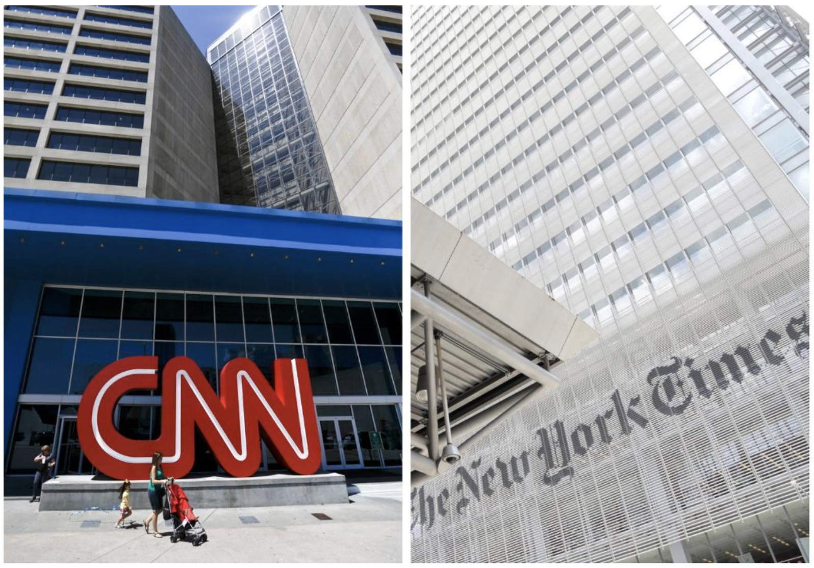 Exterior images of CNN headquarters in Atlanta and the New York Times Building in Manhattan.