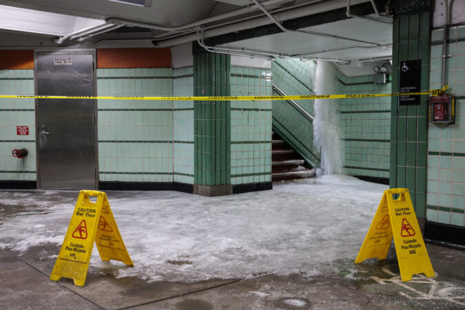 A burst pipe at the Tasker-Morris SEPTA station left a geyser of ice hanging from ceiling and covering floor