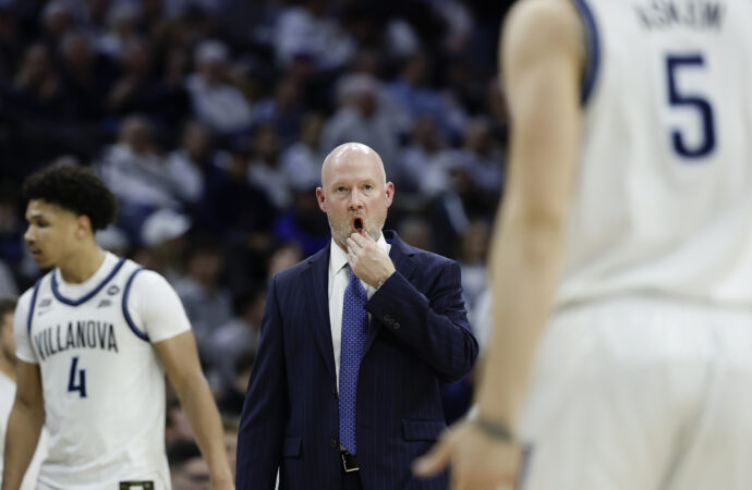 Villanova head coach Kevin Willard wipes his mouth during a second half timeout against UConn on Saturday, Feb. 21, 2026 in Philadelphia.