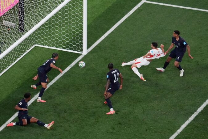 Turkey's Kaan Ayhan (second from right) scoring the last-second winning goal against the U.S.