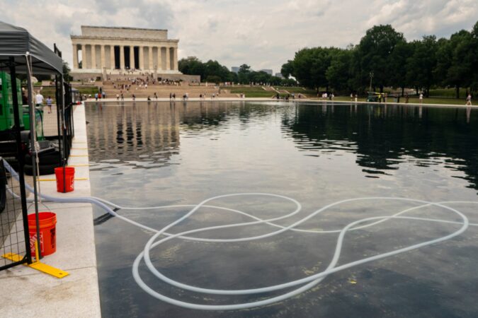 A view of the ongoing cleanup at the Lincoln Memorial Reflecting Pool.