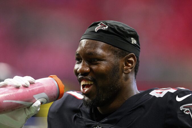 Arnold Ebiketie (47) was a productive pass rusher during his tenure in Atlanta.