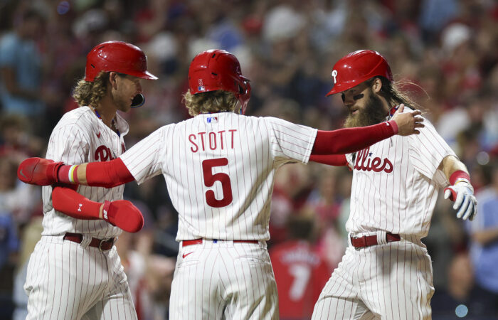 Alec Bohm (left), Bryson Stott (center), and Brandon Marsh (right) are each second at their respective positions after the first phase of fan voting for the All-Star Game.