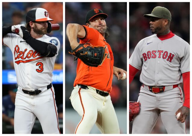 Orioles outfielder Taylor Ward (right), Giants pitcher Robbie Ray (center), and Red Sox reliever Aroldis Chapman (right) could be targets for the Phillies at the trade deadline.