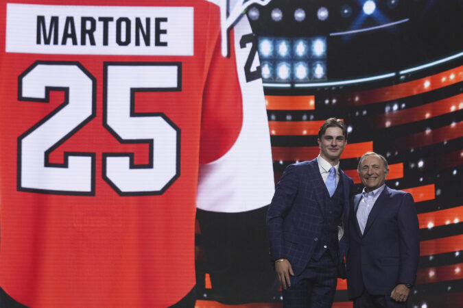 Porter Martone (left) was one of two first-round picks for the Flyers in the 2025 draft. The team only has one this year.