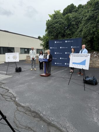 Pennsylvania health secretary Debra Bogen speaks to the media at a press conference on the state's measles response Friday.