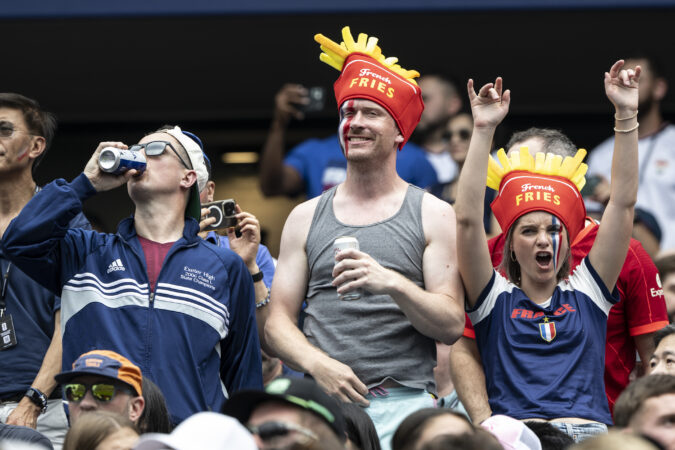 France fans cheer in the stands before Monday's FIFA World Cup Group I match between France and Iraq on Monday.