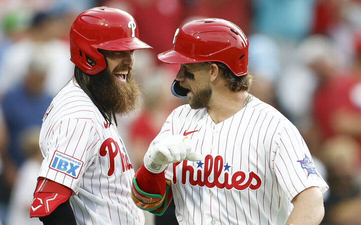 Bryce Harper (right) celebrates with Brandon Marsh after hitting a two-run home run in the third inning of Monday's loss to the Pittsburgh Pirates.
