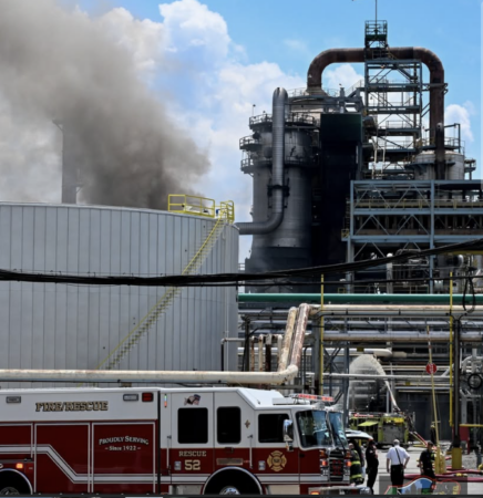 Firefighters at Delta Air Lines' Monroe Energy refinery in Trainer, Delaware County, on Thursday.