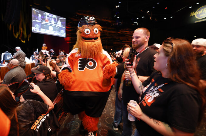 Flyers mascot Gritty meets with fans during the Flyers' 2026 NHL draft party at the Hard Rock Hotel & Casino in Atlantic City Friday night.