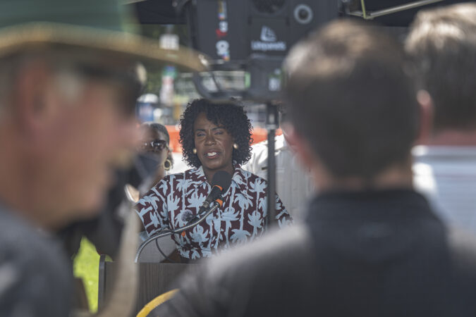 Mayor of Philadelphia Cherelle L. Parker speaks during a news conference under a tent Wednesday, July 1, 2026, in Philadelphia, outlining public safety and transportation plans ahead of a July 4 concert expected to draw thousands to the Benjamin Franklin Parkway.