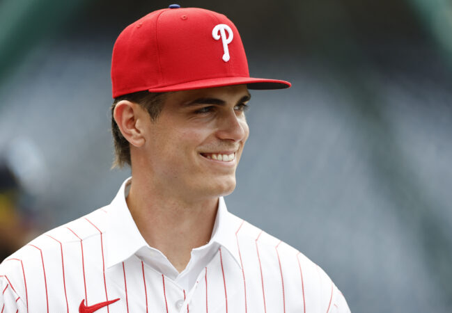 Phillies 2026 first-round draft pick and shortstop Tyler Spangler at Citizens Bank Park before the Phillies/Yankees game on Friday.