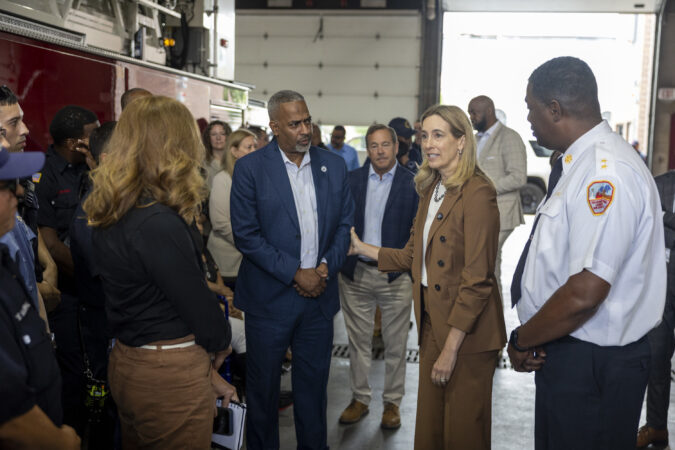 Gov. Mikie Sherrill thanks first responders for the work they did on the recent rainfall and flooding in the area at the Fire Administration Building in Camden, N.J., on Tuesday, July 7, 2026.