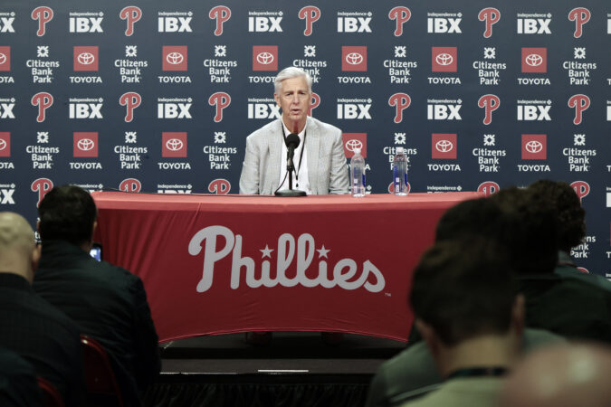Phillies president Dave Dombrowski speaks to reporters in April. It's anyone's guess whom they might draft with the No. 36 pick Saturday.