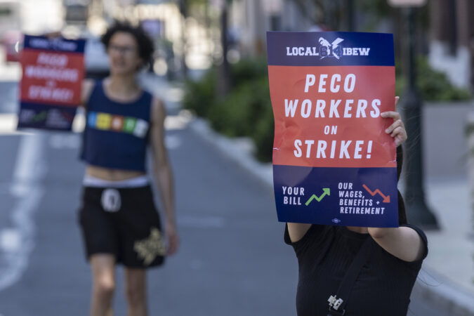 Members of the LBEW Local 614 go on strike outside of the PECO headquarters on Saturday, July 4, 2026, in Philadelphia.