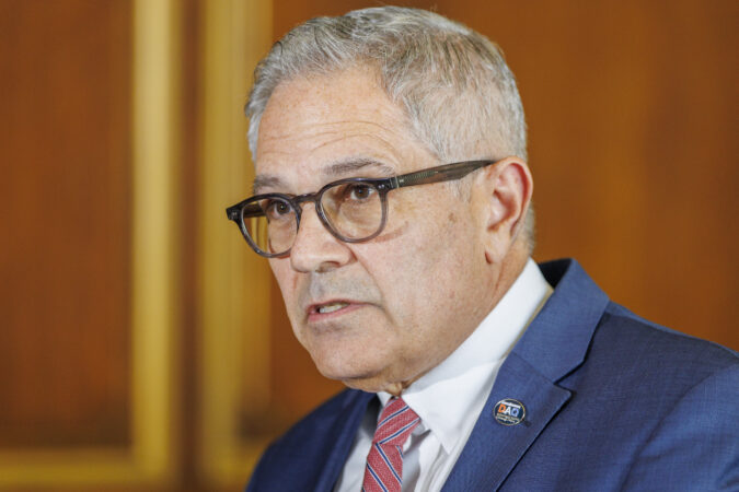 District Attorney Larry Krasner making statement at his office after sentencing. Sentencing day for former Philadelphia Police office Mark Dial at the Justice Juanita Kidd Stout Center for Criminal Justice on Thursday, July 17, 2025. Mark Dial was convicted of voluntary manslaughter and related crimes in the killing of Eddie Irizarry.
