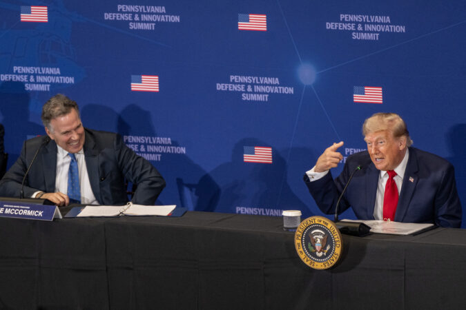 President Donald Trump appears at a Defense and Innovation Summit hosted by U.S. Sen. Dave McCormick (left) at the US Army War College in Carlisle Wednesday, July 15, 2026.