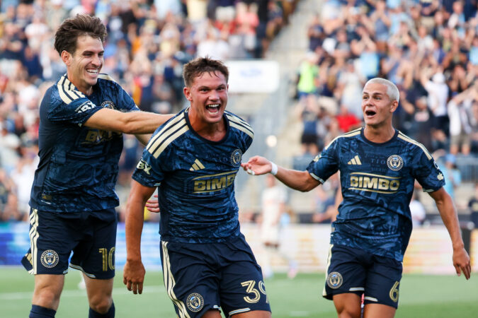 Union forward Milan Iloski (left) celebrates with teammates Frankie Westfield (center) and Cavan Sullivan after scoring a goal in the 11th minute against Red Bull New York at Subaru Park on Wednesday.
