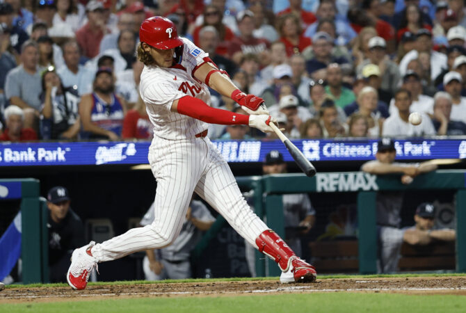 Alec Bohm delivered a three-run double in the third inning of the Phillies' sweep-averting victory Sunday night against the Yankees.