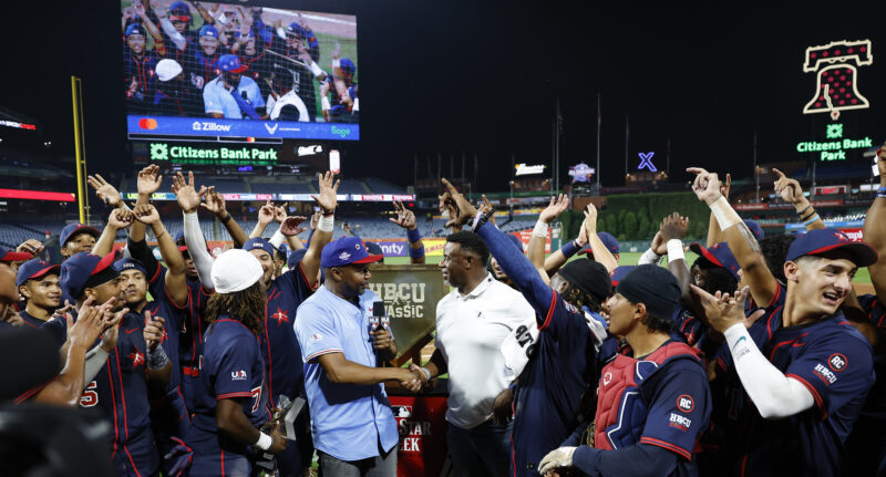 The American League team celebrates after beating the National League team in the HBCU Swingman Classic at Citizens Bank Park on Friday night.