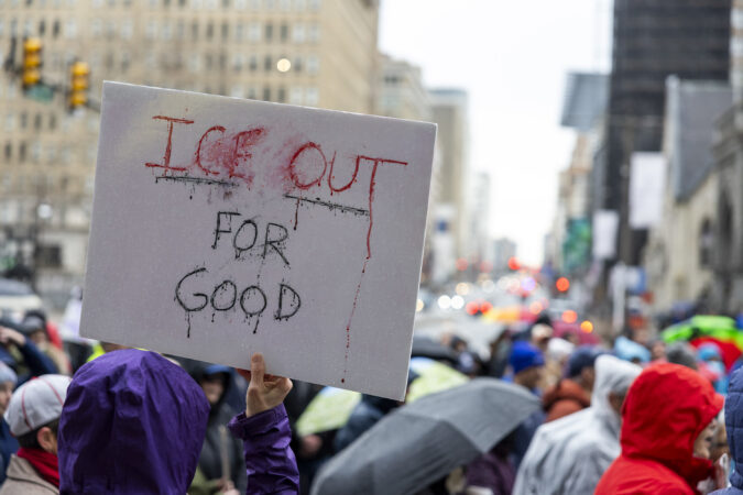 An “Ice Out for Good” sign during a rainy day at City Hall as many gather to rally and protest against ICE in Philadelphia, Pa., on Saturday, Jan. 10, 2026.