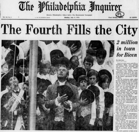 The Philadelphia Inquirer's July 5, 1976, front page details attendance in the city during the Bicentennial that year.