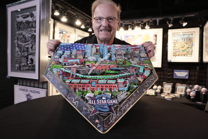 3-D pop artist Charles Fazzino displays his hand made ceremonial homeplate that will be used for the first pitch of the 2026 All-Star Game. Fazzino was readying his booth at the Capital One All-Star Village in the Philadelphia Convention Center on Thursday, July 9, 2026.