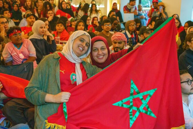 Fans of Morocco's men's national team came out in force to watch their country take on France in a World Cup quarterfinal match at Shibam Coffee in University City on Thursday, July 9, 2026.