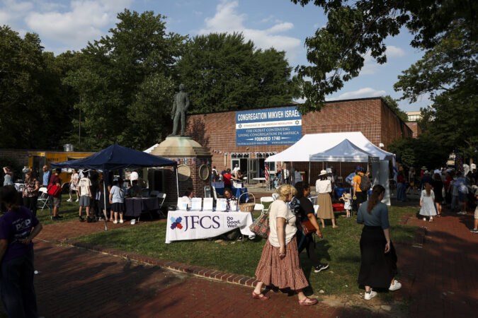 Visitors browse the vendors during Jewish America 250 at Congregation Mikveh Israel Sunday in Philadelphia. The event was a “community-wide celebration marking 250 years of Jewish contributions to the American story.”